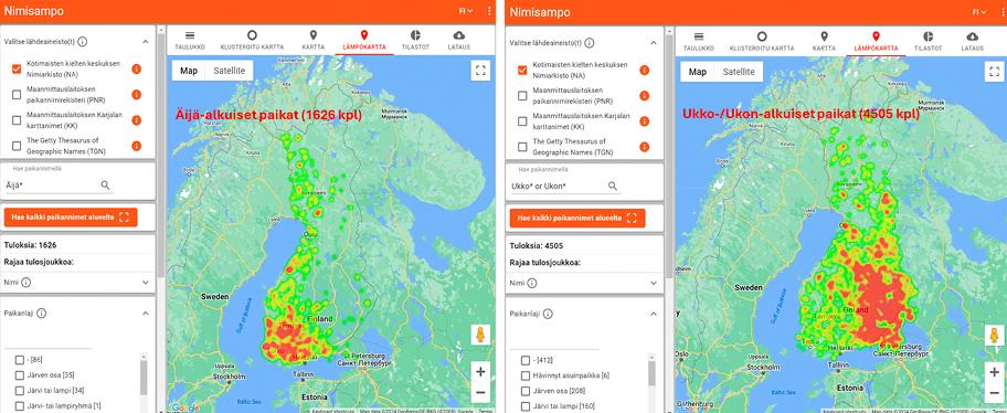 Kaksi kuvakaappausta tietokoneen ruudulta. Molemmissa näkyy erilaisia hakuehtoja sekä Suomen kartta, jossa näkyy hakutulokset. Vasemmanpuoleisessa kartassa on paljon punaisia ja vihreitä merkkejä maan länsiosassa. Oikeanpuoleisessa kartassa on paljon punaisia ja vihreitä merkkejä koko Suomen alueella, mutta kaikkein eniten Itä-Suomessa.
