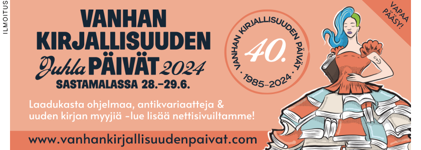 Mainos, jossa piirroskuva naisesta ja teksti: Vanhan kirjallisuuden juhlapäivät 2024 Sastamalassa 28.−29.6. jne.