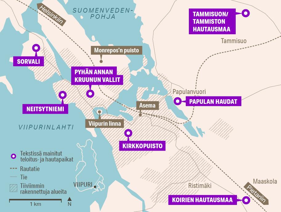 Kartta, jossa näkyy Viipurin keskusta-alue sekä ympäröiviä alueita. Karttaan on merkitty seitsemän teloitus- ja hautapaikkaa: Sorvali, Neitsytniemi, Pyhän Annan kruunun vallit, Tammisuon/Tammiston hautaustmaa, Papulan haudat, kirkkopuisto sekä koirien hautausmaa.